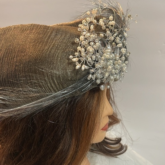 Mr. D Gray Beret Hat with Flower Rhinestones and Feather Trim - Picture 4 of 9